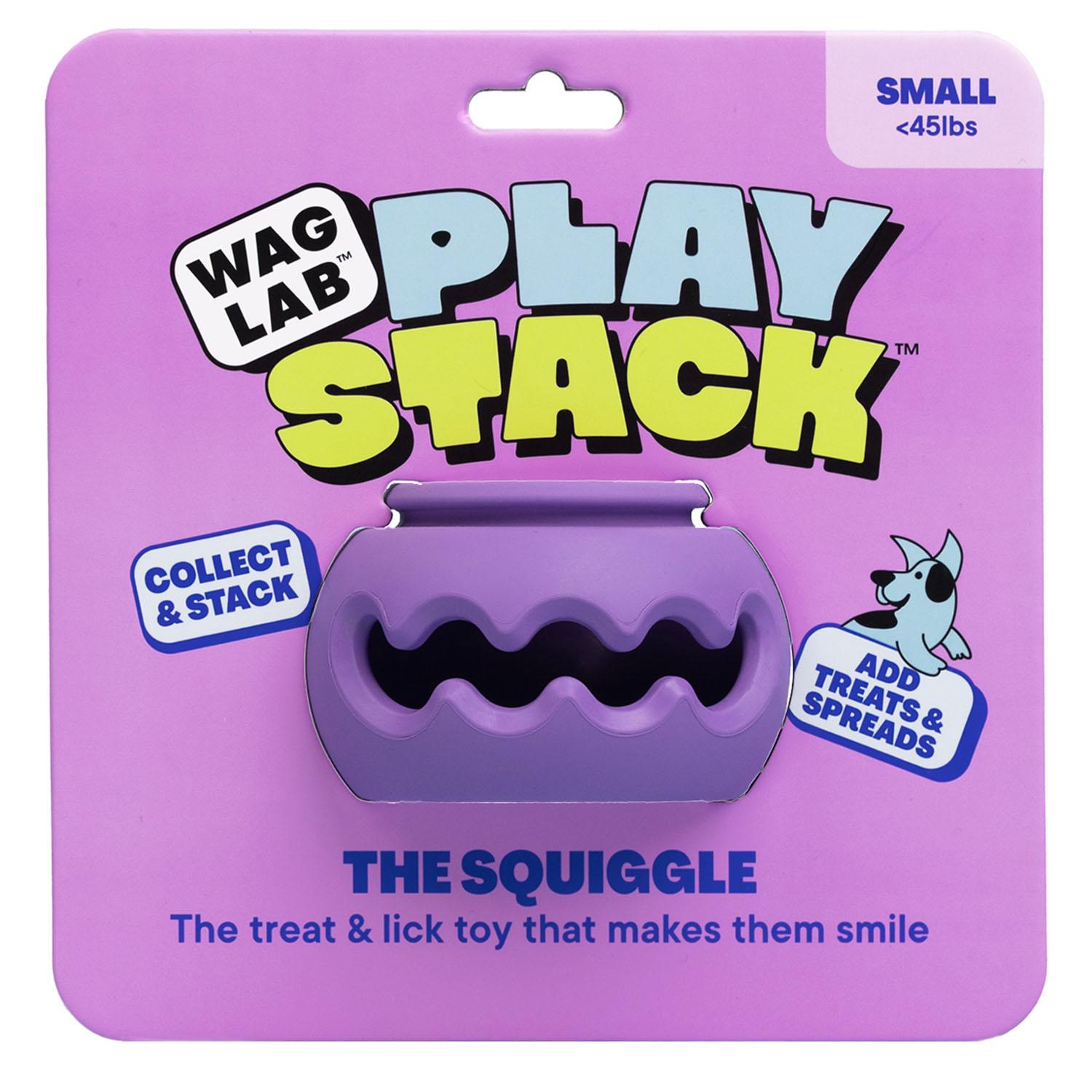 WAGLAB PlayStack The Squiggle Purple dog toy in retail packaging featuring a durable treat-dispensing enrichment toy designed for interactive play, mental stimulation, and boredom relief