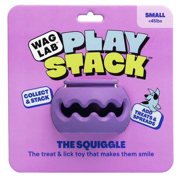 WAGLAB PlayStack The Squiggle Purple dog toy in retail packaging featuring a durable treat-dispensing enrichment toy designed for interactive play, mental stimulation, and boredom relief