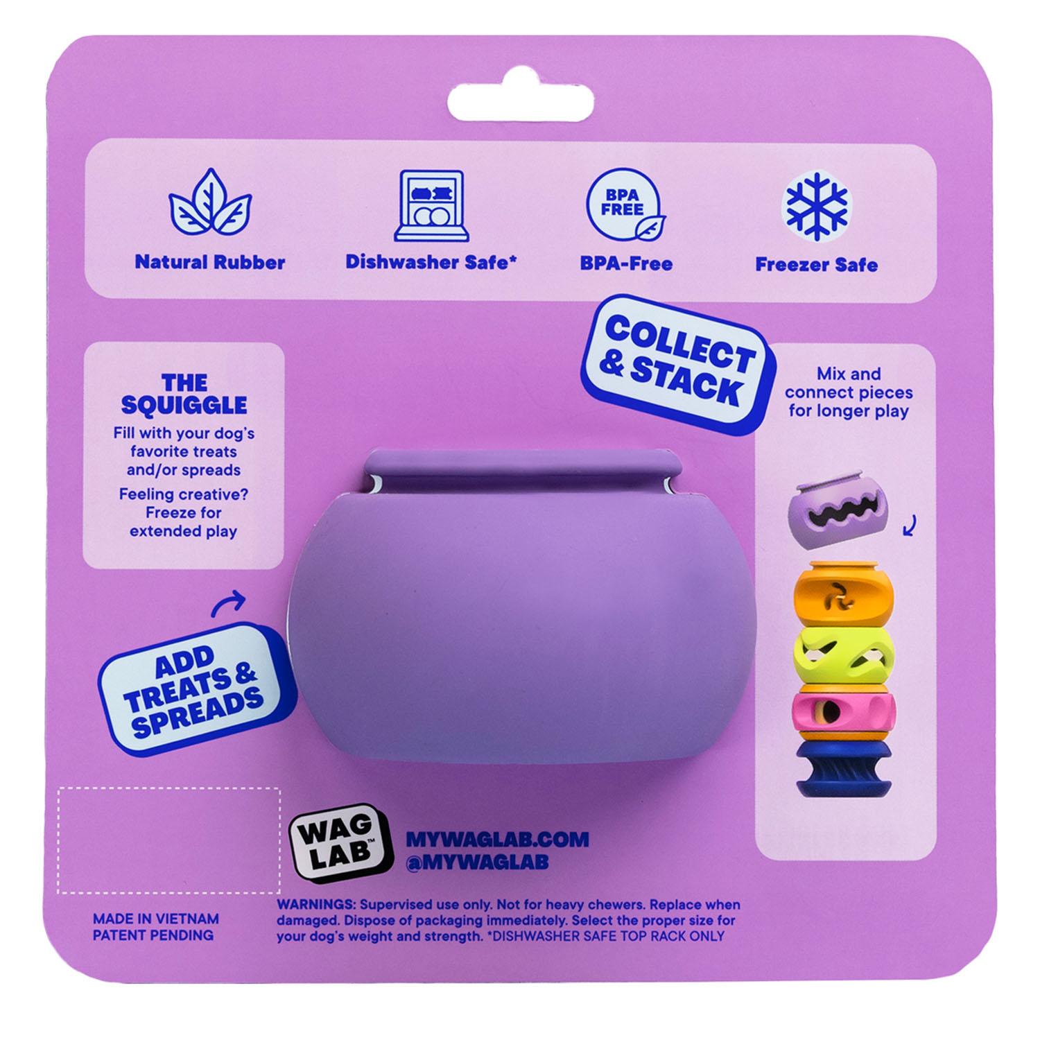 Back of WAGLAB PlayStack The Squiggle Purple packaging displaying enrichment features including treat dispensing, freezer-safe rubber construction, and customizable modular play system for dogs