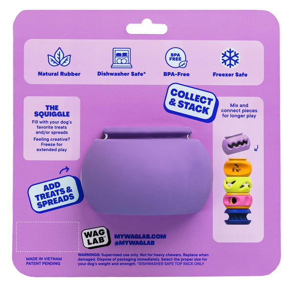 Back of WAGLAB PlayStack The Squiggle Purple packaging displaying enrichment features including treat dispensing, freezer-safe rubber construction, and customizable modular play system for dogs