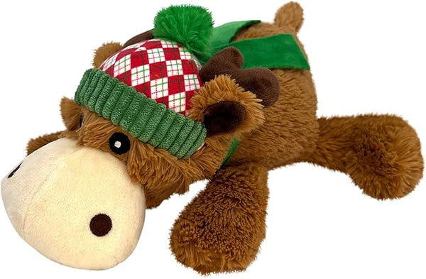 Front view of the Kong Holiday Cozie Reindeer, featuring festive plush design, full-body squeaker, and reinforced material for extended playtime.