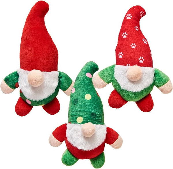 SPOT Holiday Gnome 6" Plush Dog Toy featuring festive holiday hats, soft plush material, and a squeaker, offering comfort and interactive play for dogs.