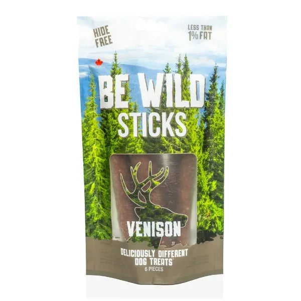 A bag of Be Wild Exotic Sticks - Venison, featuring high-protein, crunchy dog treats made with real venison, sweet potato, and citrus pulp, perfect for food-sensitive dogs.