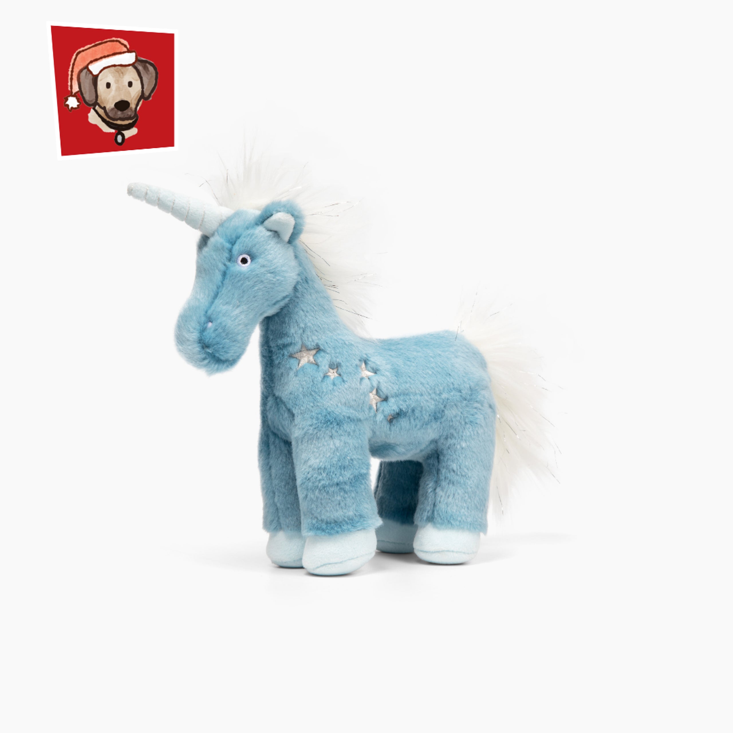 Fluff & Tuff Belle Unicorn plush dog toy featuring a pastel pink body, golden horn, and shimmery mane — designed with durable double-stitched seams, soft fabric, and a tough inner lining for long-lasting, magical play and cuddles.