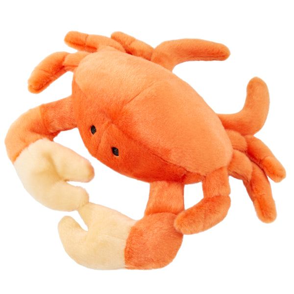 Top view of Fluff & Tuff Phyllis Crab showing wide plush claws and sturdy body construction for engaging play, multiple grab points, and long-lasting durability for active dogs