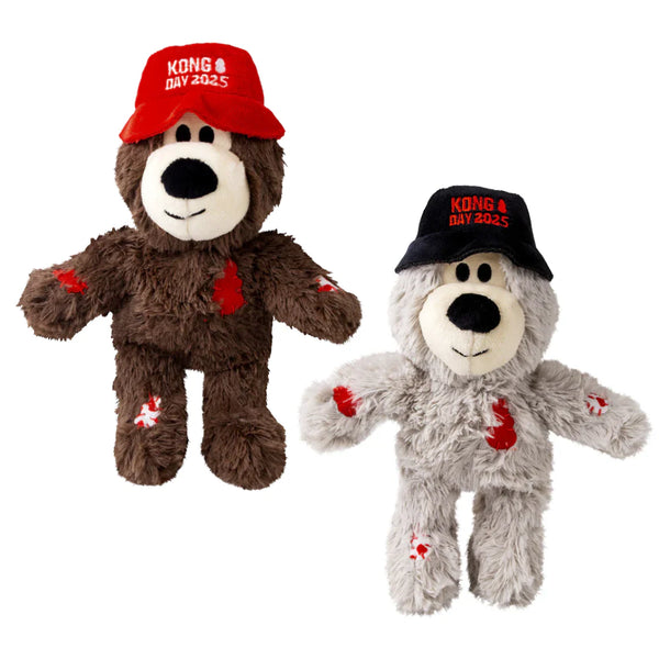Image showing the KONG Day Wild Knots Bear 2025 in both grey and brown, highlighting the limited edition design with bucket hats, soft plush exteriors, durable rope skeletons, and squeaker features—perfect for cuddling and long-lasting play.