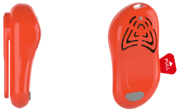 Close-up of compact ultrasonic tick repellent device clipped to clothing, designed for chemical-free tick protection with 6.5 foot range, lightweight design, and safe use for people and pets during outdoor adventures