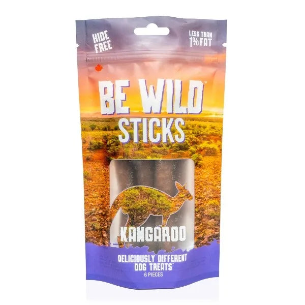 A bag of Be Wild Exotic Sticks - Kangaroo, featuring high-protein, crunchy dog treats made with real kangaroo, sweet potato, and citrus pulp, perfect for dogs with food sensitivities.