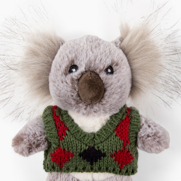 Close-up of Fluff & Tuff Pops Koala plush dog toy face showing soft plush texture, detailed stitching, and cheerful design to engage dogs in play and cuddles.