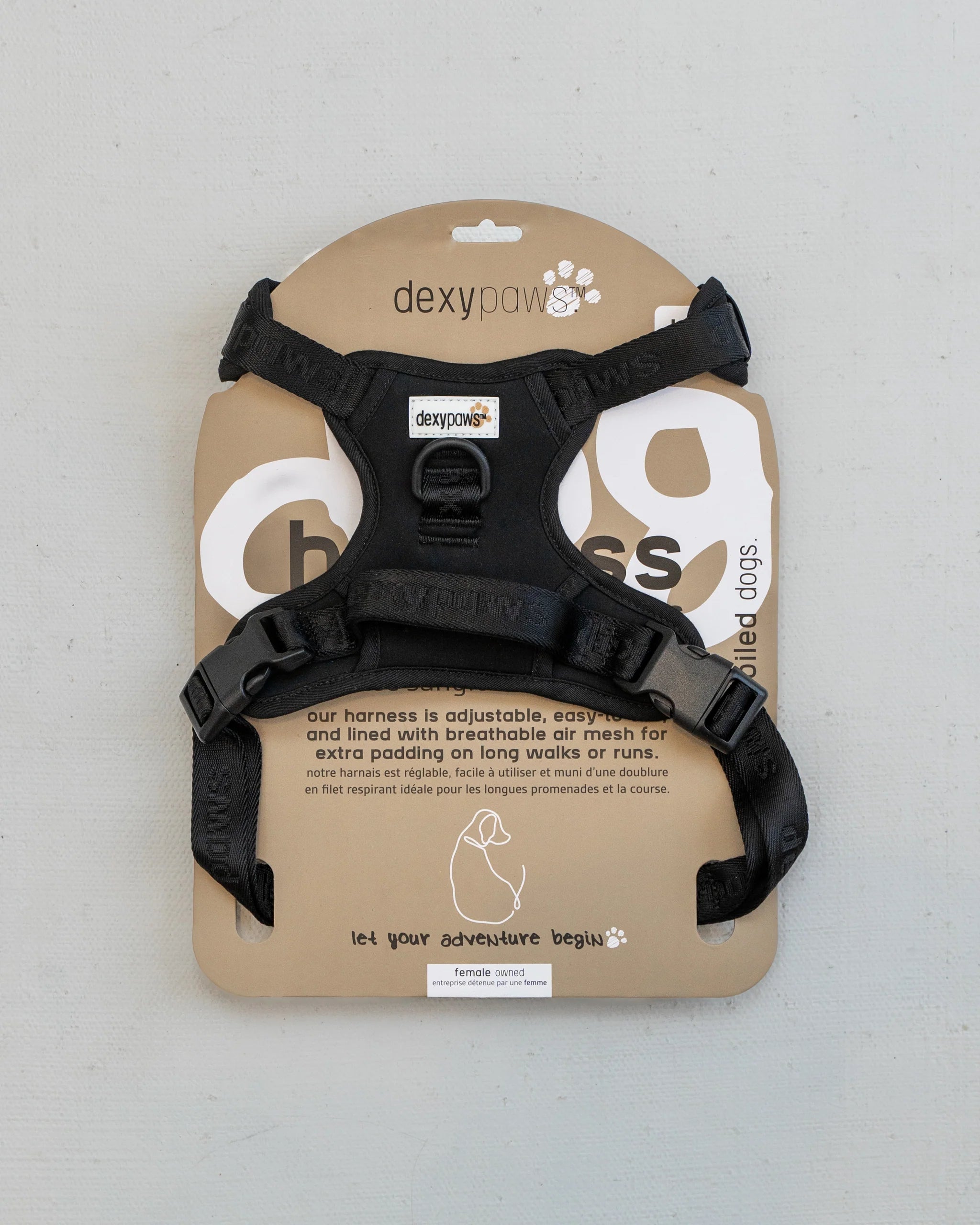 DexyPaws Living My Best Life No Pull Dog Harness in retail packaging featuring a premium adjustable harness with front and back leash clips, reflective trim, breathable padding, and secure no-pull design for comfortable everyday walks.