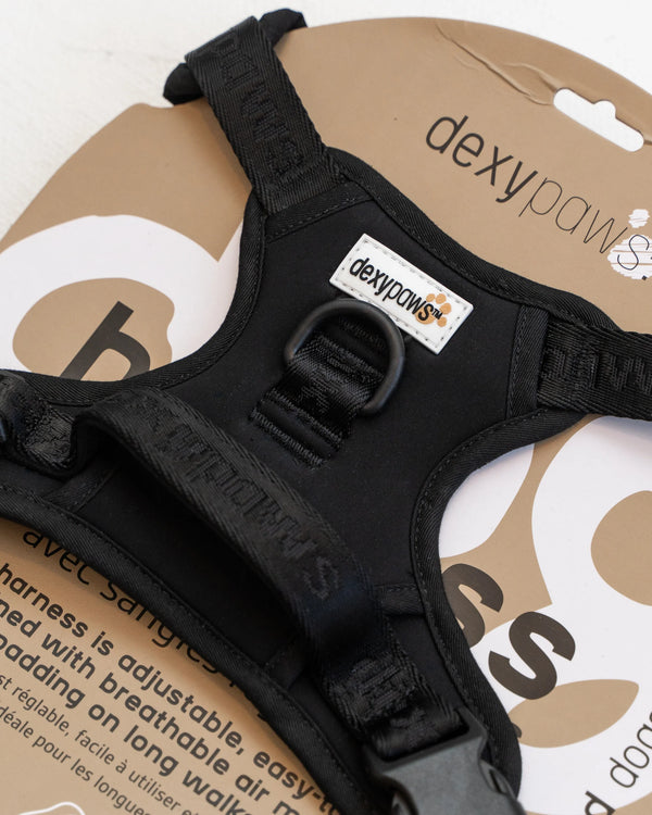 Close-up of the DexyPaws Living My Best Life No Pull Dog Harness inside packaging highlighting premium construction, adjustable security straps, reflective details, breathable air mesh, and durable hardware.