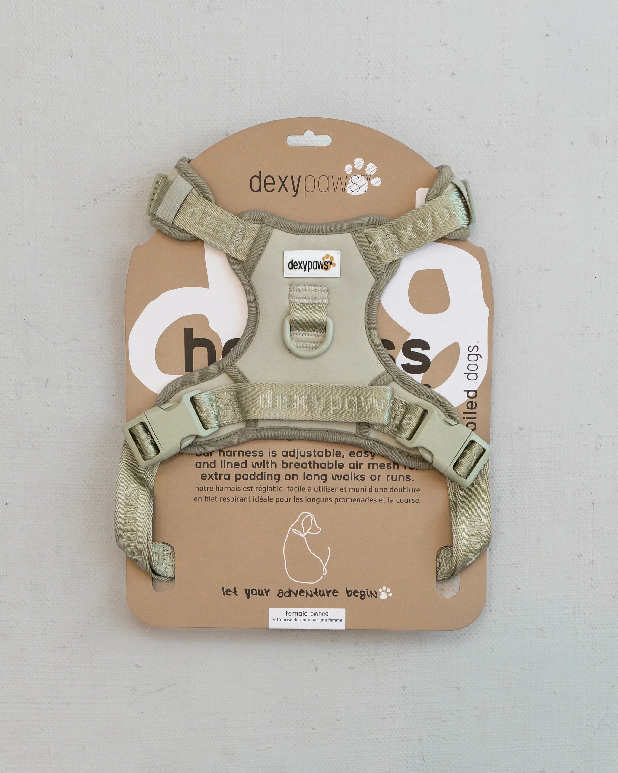 Dexypaws Sage Green No Pull Dog Harness displayed in retail packaging featuring breathable mesh padding, adjustable straps, front and back leash attachment points, reflective trim, and durable construction for comfortable everyday walks.