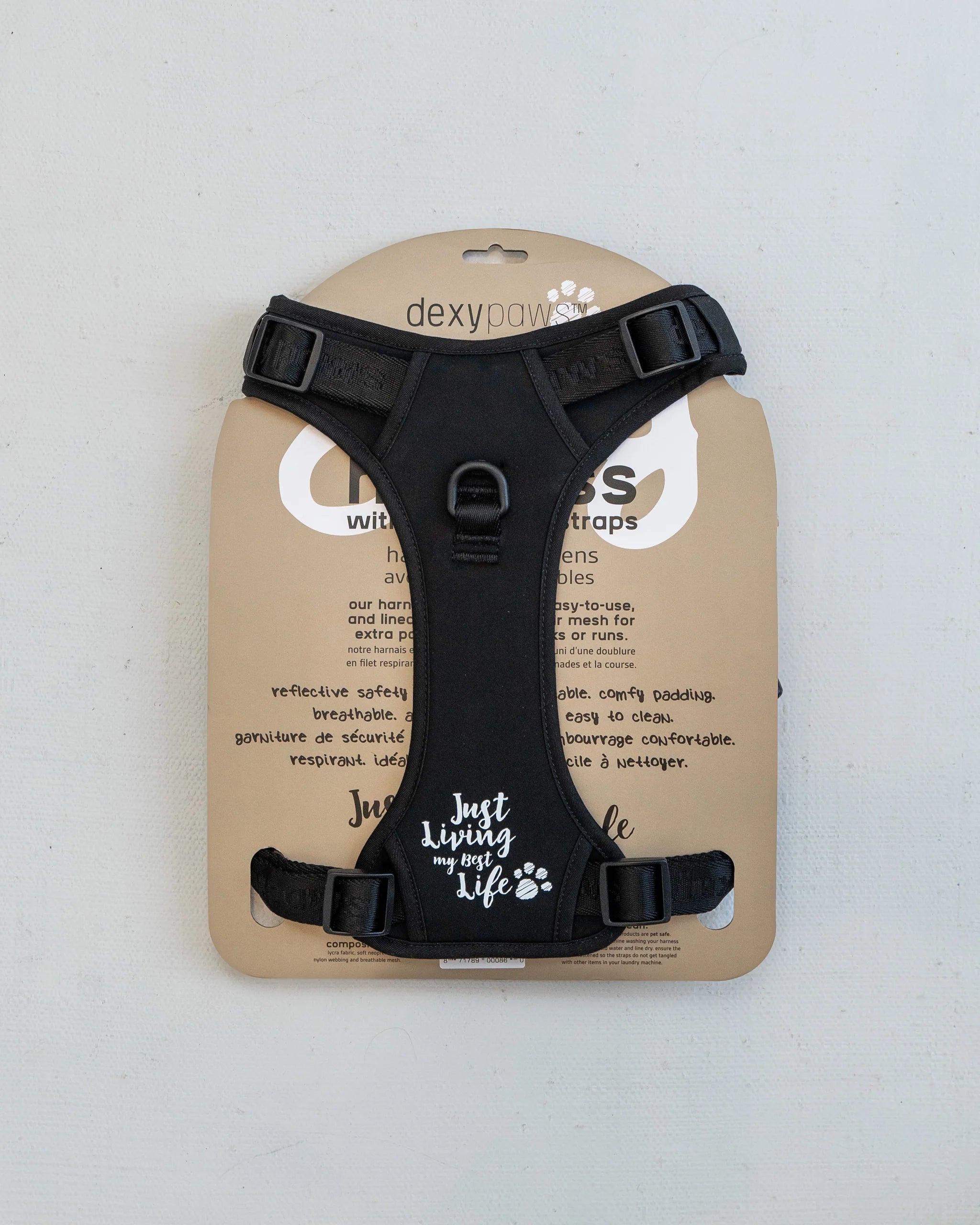 Back view of the DexyPaws no pull dog harness in packaging displaying adjustable body straps, rear leash attachment point, sturdy control handle, breathable mesh lining.