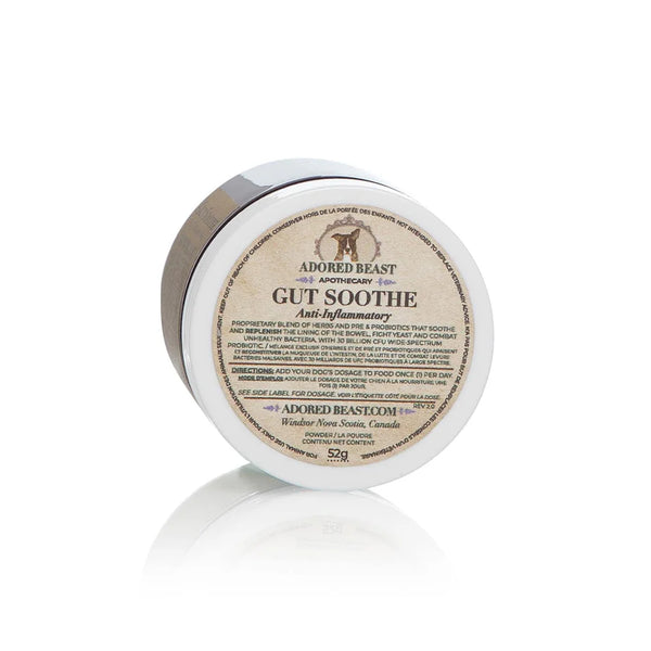 An image showing the front of the Adored Beast Gut Soothe bottle, highlighting its gut-soothing benefits for dogs.