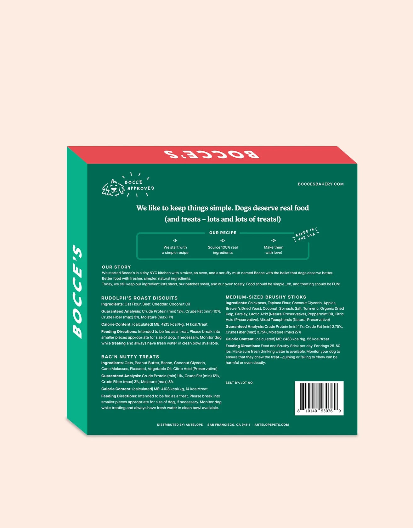 Back of Bocce’s Bakery 2024 Advent Calendar for dogs, with ingredient and nutritional information for minty Brushy Sticks and two biscuit flavors, ideal for holiday countdown fun.