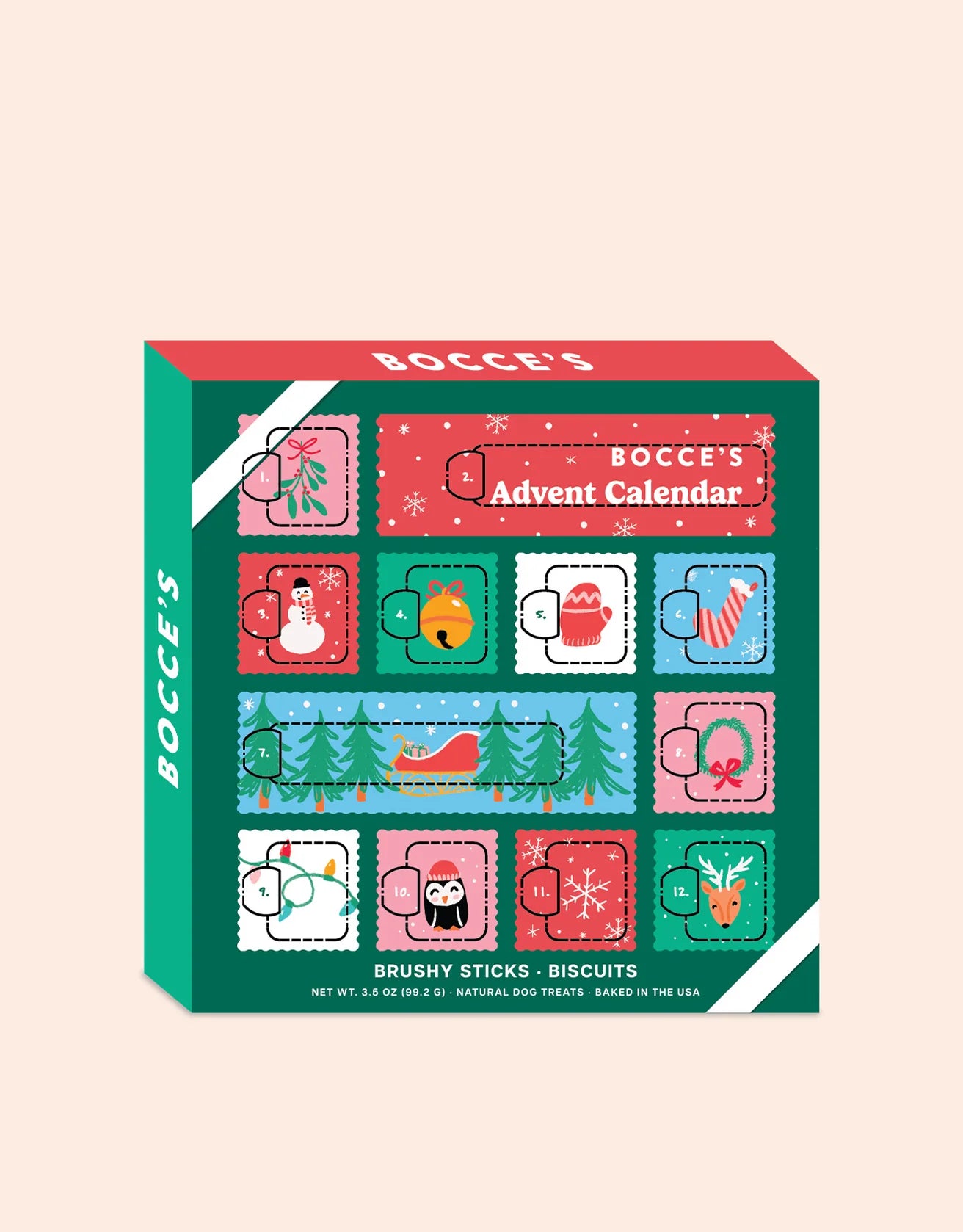 Front of Bocce’s Bakery 2024 Advent Calendar for dogs, featuring 12 days of natural treats, including Brushy Sticks and biscuits for holiday fun.