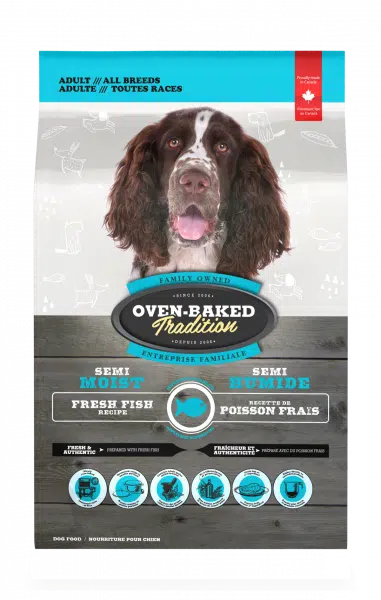 Front view of Oven-Baked Tradition Semi-Moist Adult Dog Food Fish recipe bag showcasing soft oven-baked nutrition made with fresh fish, omega-3 fatty acids, and wholesome ingredients for healthy skin, coat, and overall wellness in adult dogs