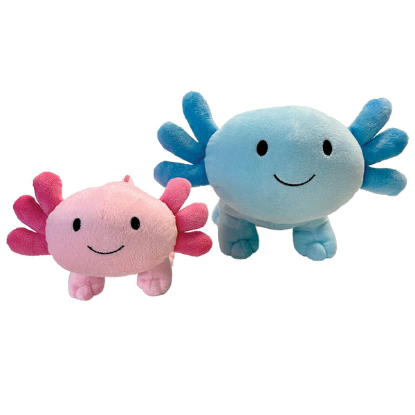 Image showing FouFou Dog Axolotl Plushies in pink and blue, highlighting soft plush material, hidden squeaker, and generous stuffing for both cuddly and playful dogs.