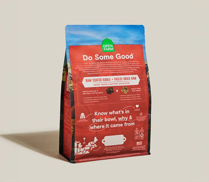 Back of bag displaying ingredient transparency and nutritional benefits including poultry-free recipe, ancient grains, superfoods, and ethically sourced proteins for complete and balanced dog nutrition