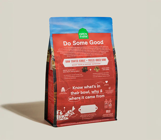 Back of dog food bag displaying nutritional information and ingredient transparency, emphasizing ethically sourced proteins, grain-free formula, and added superfoods for complete and balanced canine nutrition
