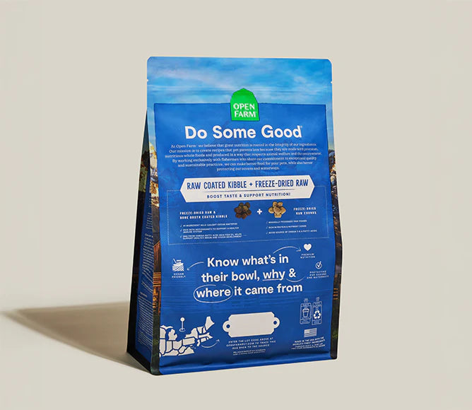 Back of Open Farm RawMix Puppy food bag displaying ingredient transparency, feeding guidelines, and nutritional benefits supporting digestion, development, and overall puppy health.