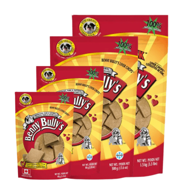 An image displaying the various sizes of Benny Bully Liver Treats, from small to extra large.