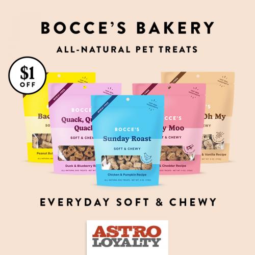 Bocce's Bakery Soft and Chewy October 2024 Promotion.  Save $1 on all soft and chewy treats for the month of October.