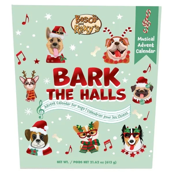 Festive front of Bosco & Roxy’s Bark The Halls Musical Advent Calendar for dogs, with holiday design and benefits of daily treats made from human-grade ingredients.