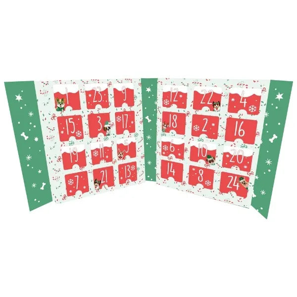 Inside view of the Bosco & Roxy’s Bark The Halls Musical Advent Calendar for dogs, showcasing festive daily treats for a joyful December countdown.