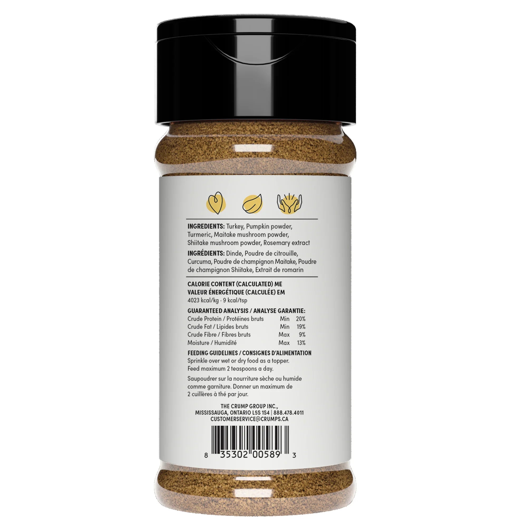Back label of Crumps Naturals Superfood Sprinkles Gold showing feeding instructions and nutritional details for this turkey-based superfood topper, ideal for finicky eaters and daily immune support