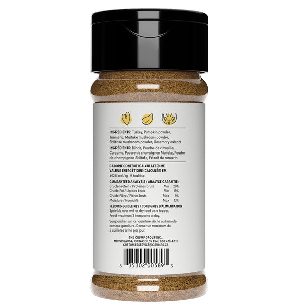 Back label of Crumps Naturals Superfood Sprinkles Gold showing feeding instructions and nutritional details for this turkey-based superfood topper, ideal for finicky eaters and daily immune support"