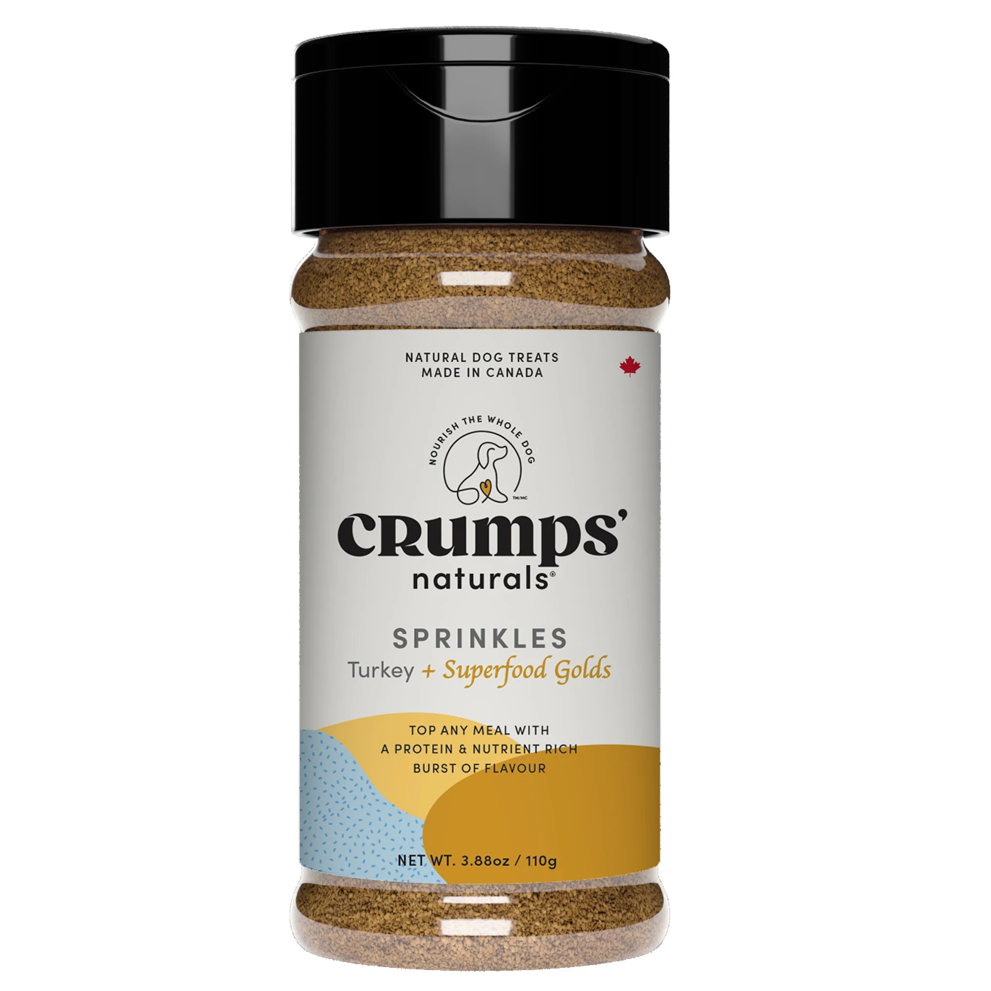 Crumps Naturals Superfood Sprinkles Gold dog food topper packaging featuring premium turkey and golden superfoods – a gourmet meal enhancer that aids digestion, reduces inflammation, and supports immune health for dogs