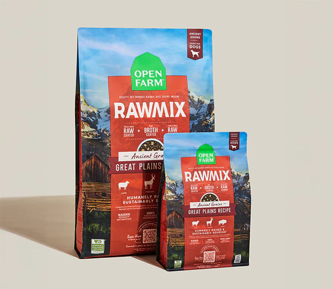 Two bag sizes side by side (3.5lb and 20lb) of premium dog food showcasing a convenient poultry-free, protein-rich formula with freeze-dried raw inclusions suitable for dogs of all sizes and lifestyles