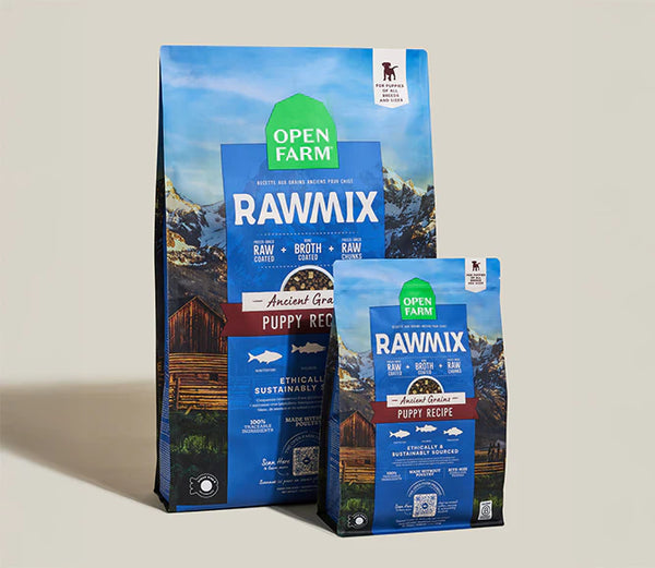 Open Farm RawMix Ancient Grain Puppy dog food bags in 3.5lb and 20lb sizes displayed side by side, highlighting convenient size options for growing puppies and long-term feeding.