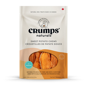 Front view of Crumps' Sweet Potato Dog Treats bag, highlighting the all-natural, single-ingredient treat.