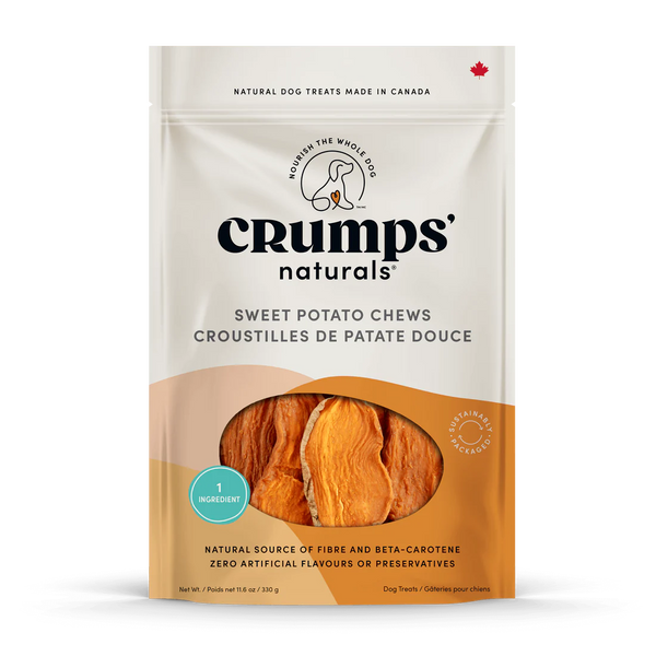 Front view of Crumps' Sweet Potato Dog Treats bag, highlighting the all-natural, single-ingredient treat.