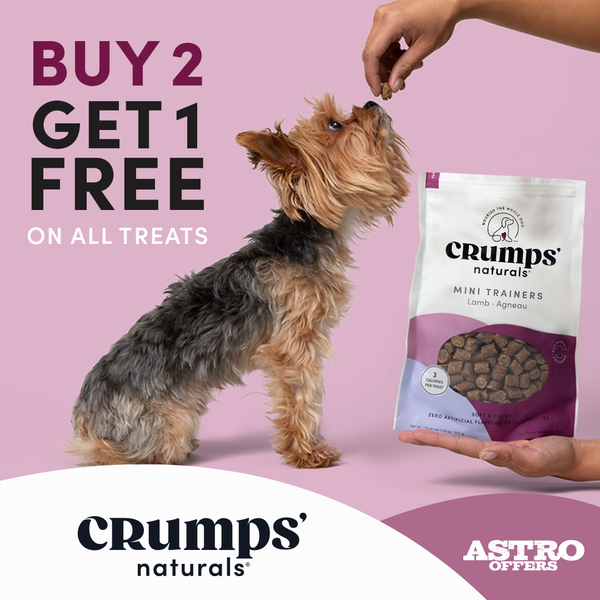 For March 2025 save on Crumps dog treats. Buy any 2 treats get a free bag!  Canadian Made dog Treat Company!