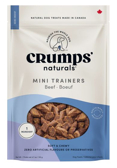  Front of Crumps Mini Trainers Dog Treats - Beef bag showing all-natural ingredients.