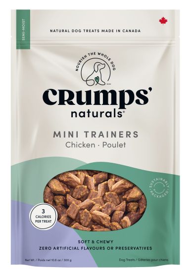 Front view of Crumps Mini Trainers Dog Treats - Chicken bag with natural chicken ingredients.