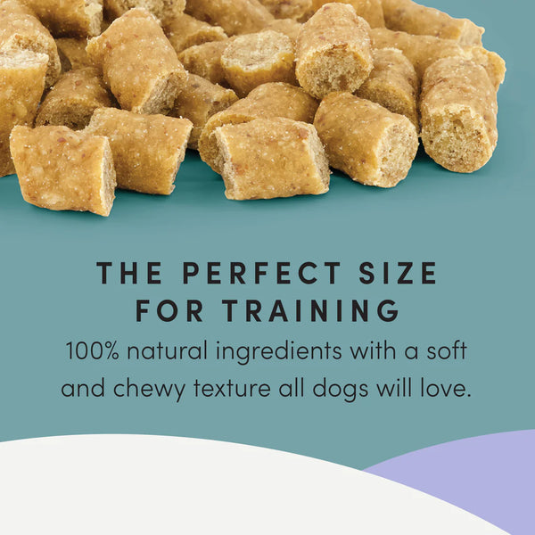 Close-up of bite-sized Crumps Mini Trainers dog treats.  These soft and chewy dog treats are ideal for training sessions.