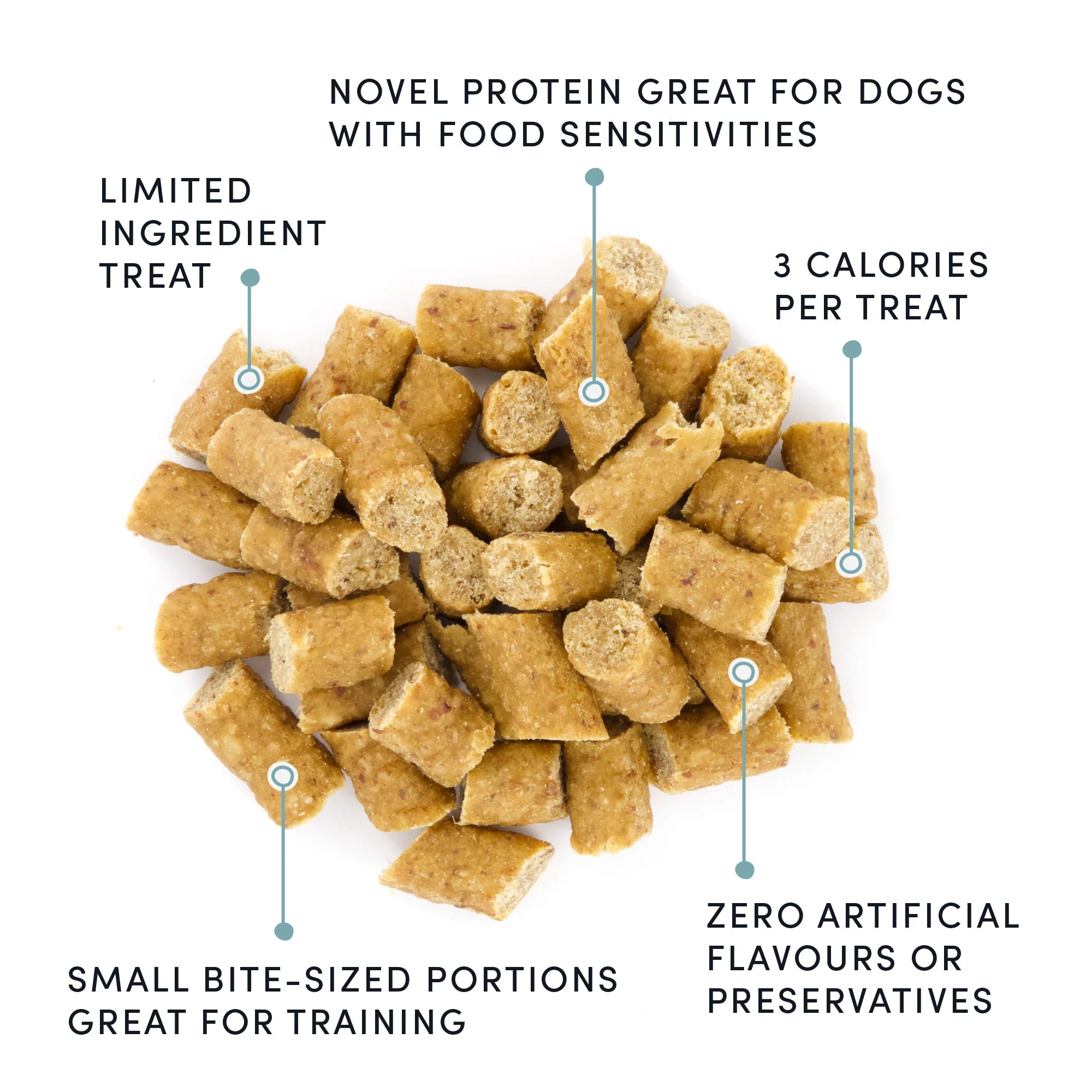 Crumps Mini Trainers Dog Treats -  up close, showing bite-sized, low-calorie treats that have an novel protein which are great dog treats for dogs with allergies and food sensitivies