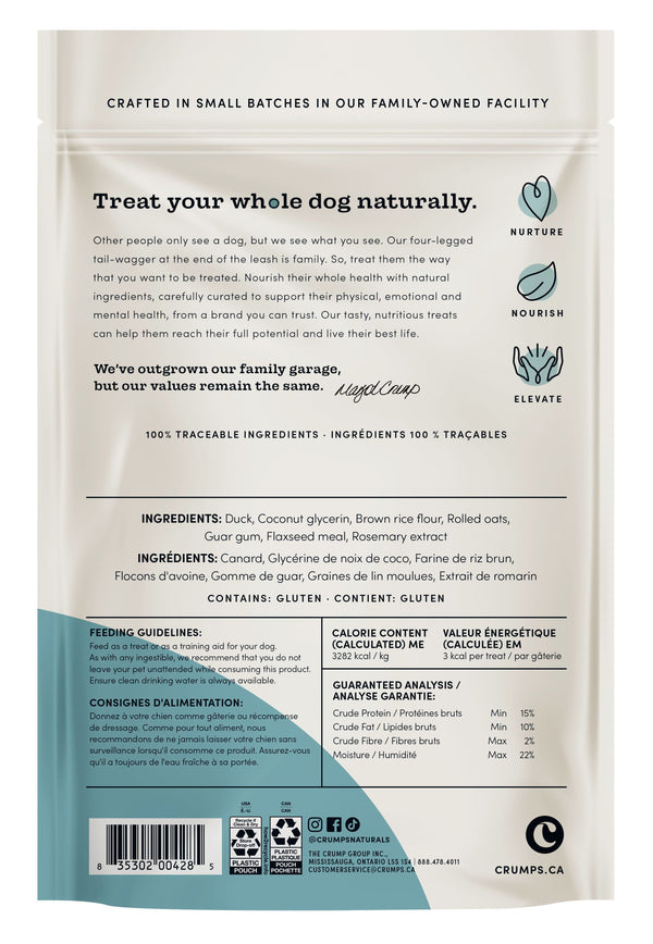 Back view of Crumps Mini Trainers Dog Treats - Duck with ingredient details and nutritional info.