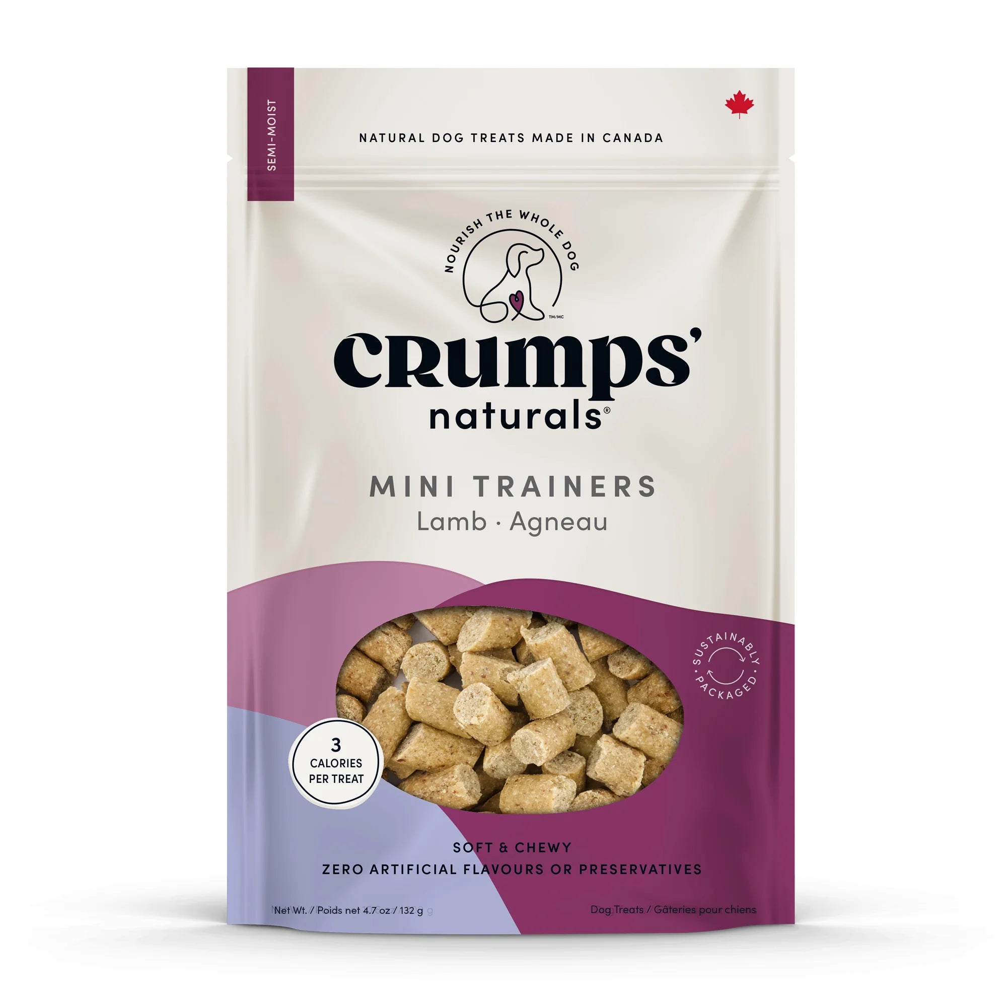 Front of Crumps Mini Trainers Dog Treats - Lamb bag showing all-natural lamb ingredients.