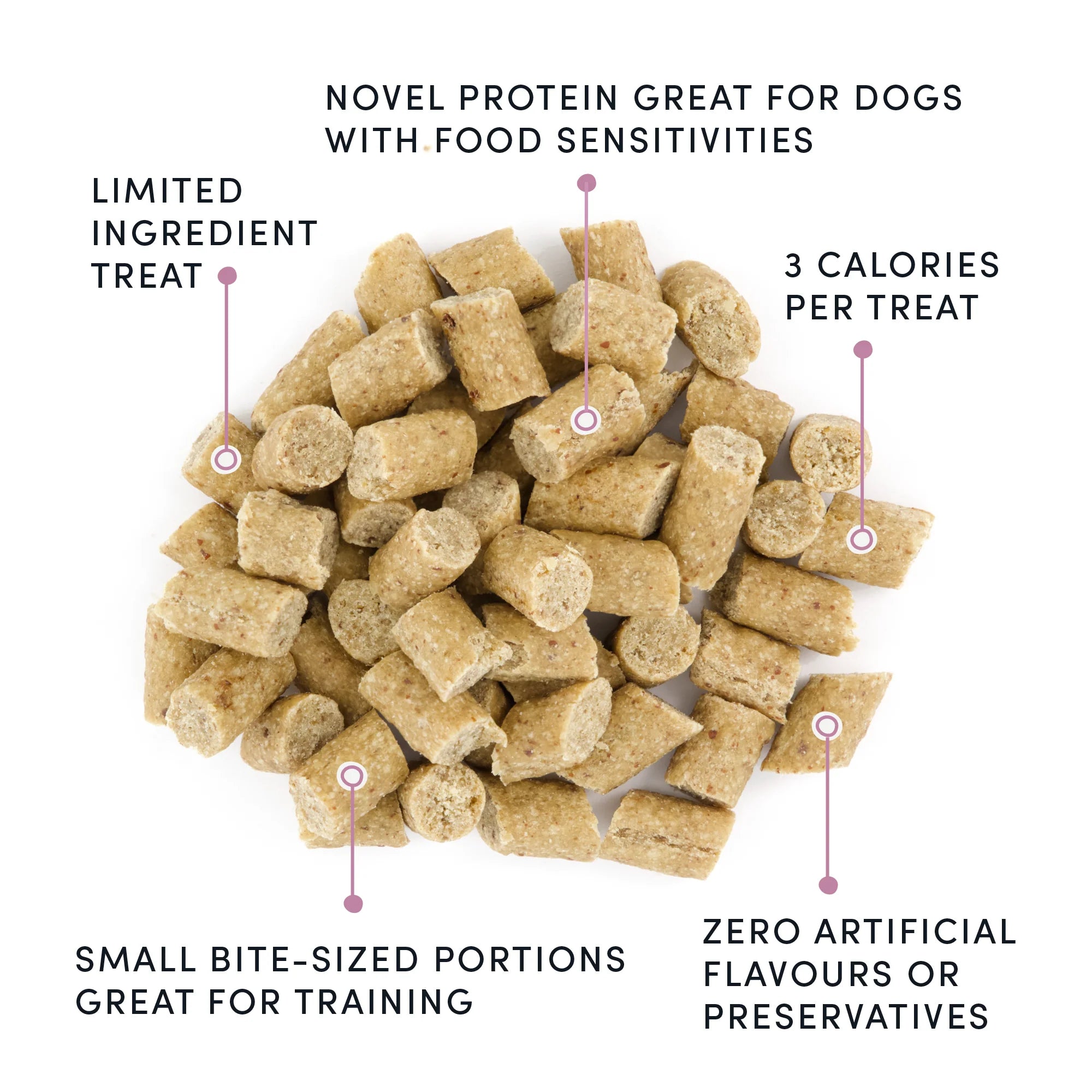 Close-up of Crumps Mini Trainers Dog Treats - Lamb with features like low-calorie and limited ingredients.