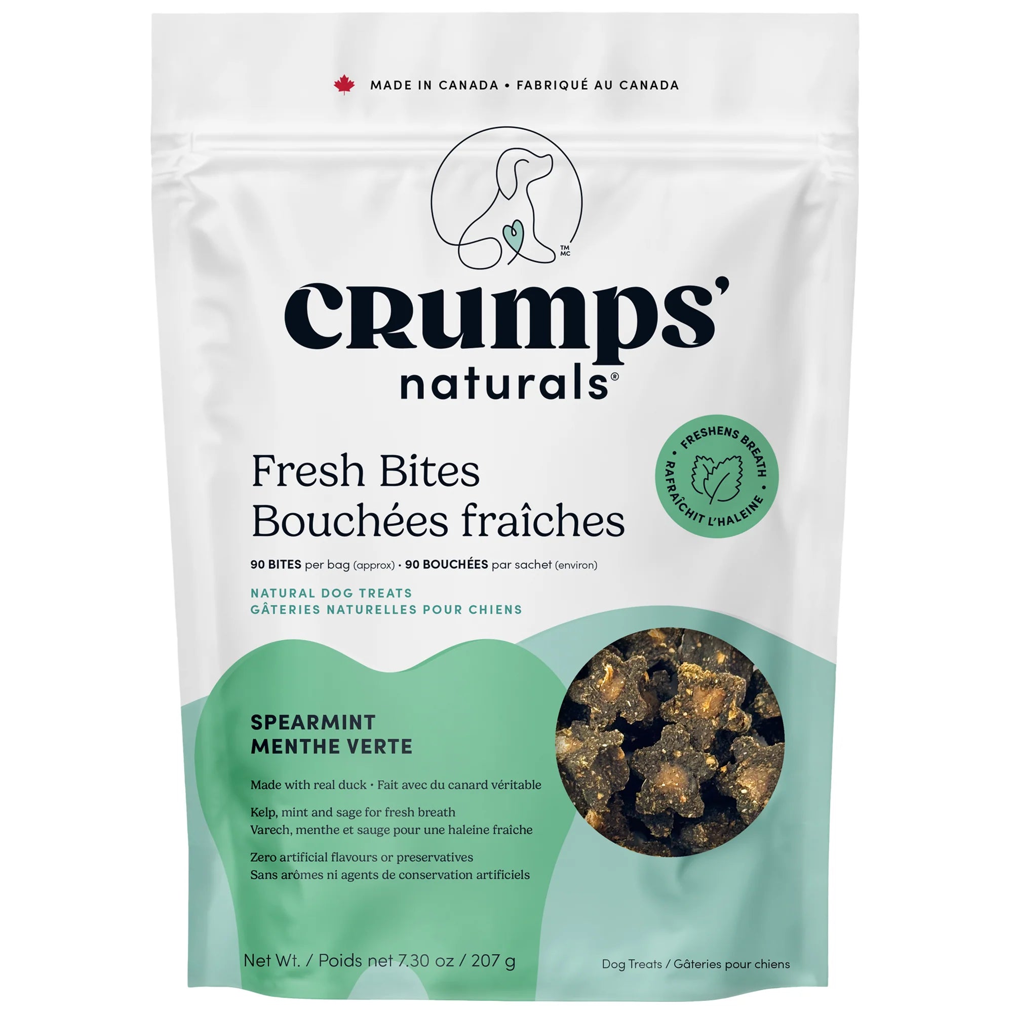 Crumps Naturals Fresh Bites Spearmint dog treat packaging – natural breath freshening treats with hypoallergenic duck, oyster shell plaque control, and a kelp, mint, and sage center for fresher dog breath