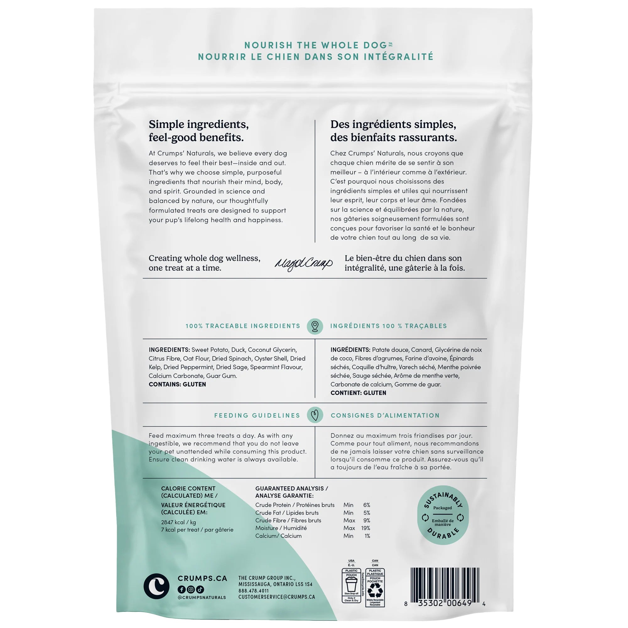 Back label of Crumps Naturals Fresh Bites Spearmint showing feeding guidelines and product details for these Canadian-made, all-natural breath freshening dog treats suitable for all ages and sizes