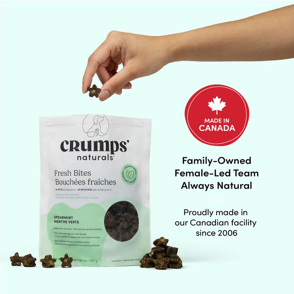 Crumps Naturals Fresh Bites bag highlighting brand values – made in Canada, female owned, family owned, and always natural since 2006, creating whole pet wellness one bite at a time