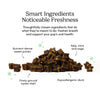 Pile of Fresh Bites Spearmint dog treats with labels highlighting key ingredients and benefits – natural plaque reduction, hypoallergenic duck protein, and instant minty breath freshness