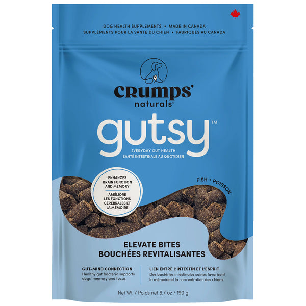 Crumps Naturals Gutsy Elevate Bites dog treats packaging – cognitive support treats formulated with Ahiflower oil, Lion's Mane mushroom, and Ginkgo Biloba to nourish your dog's brain health and mental sharpness