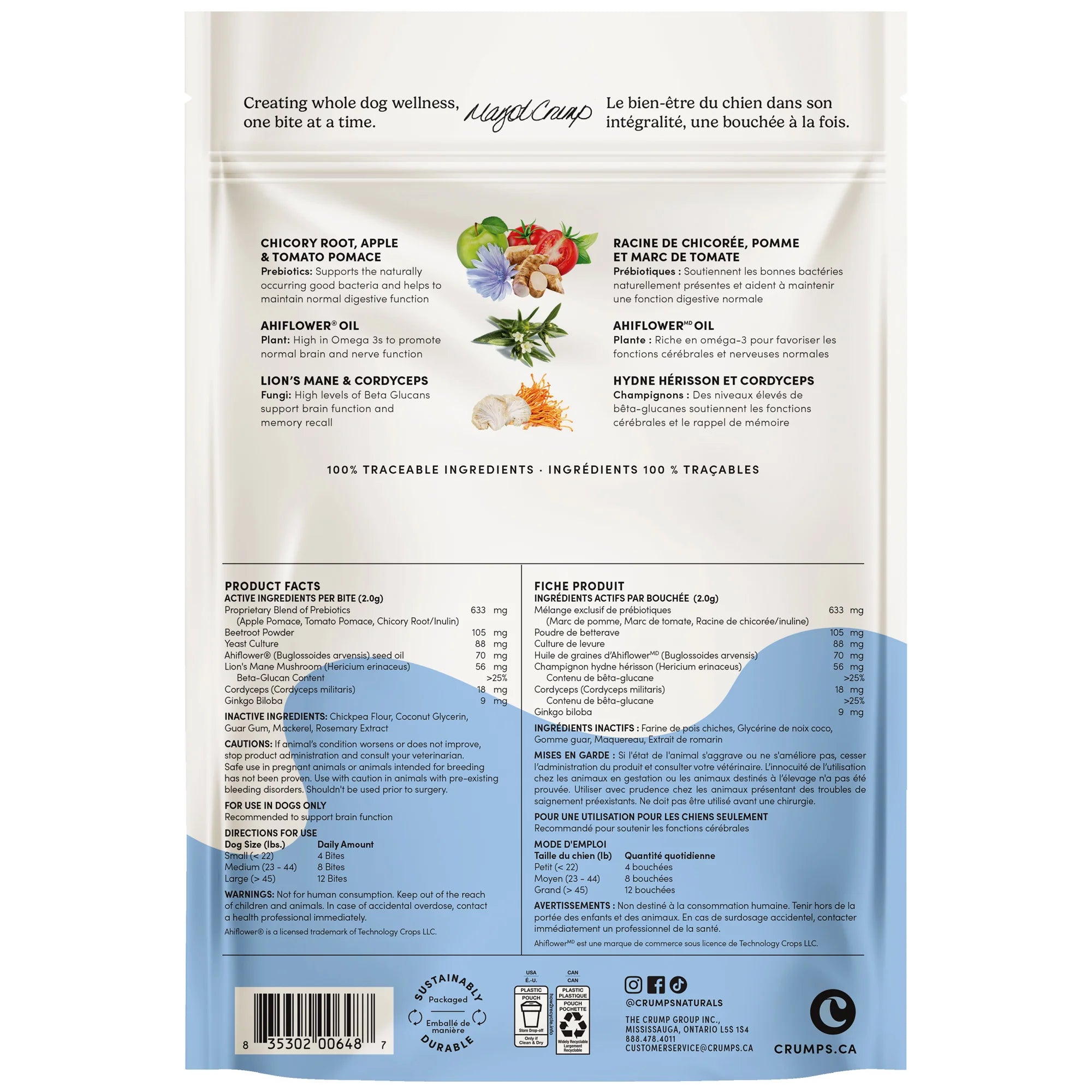 Back label of Crumps Naturals Gutsy Elevate Bites showing feeding guidelines and nutritional details for these brain-health dog treats, including a powerful prebiotic blend that feeds good gut bacteria to support cognitive function